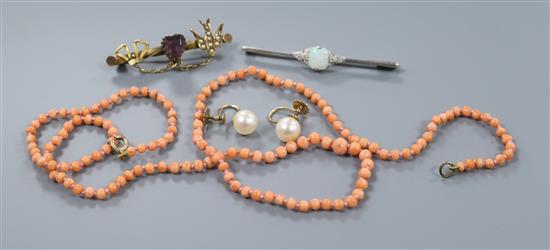 A 9ct gold amethyst and seed pearl swallow and heart brooch, opal bar brooch, coral necklace and pair of cultured pearl earrings.